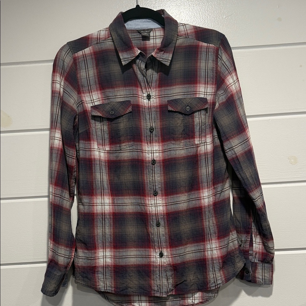 Eddie Bauer Women's Red and Black Plaid Button Down Shirt